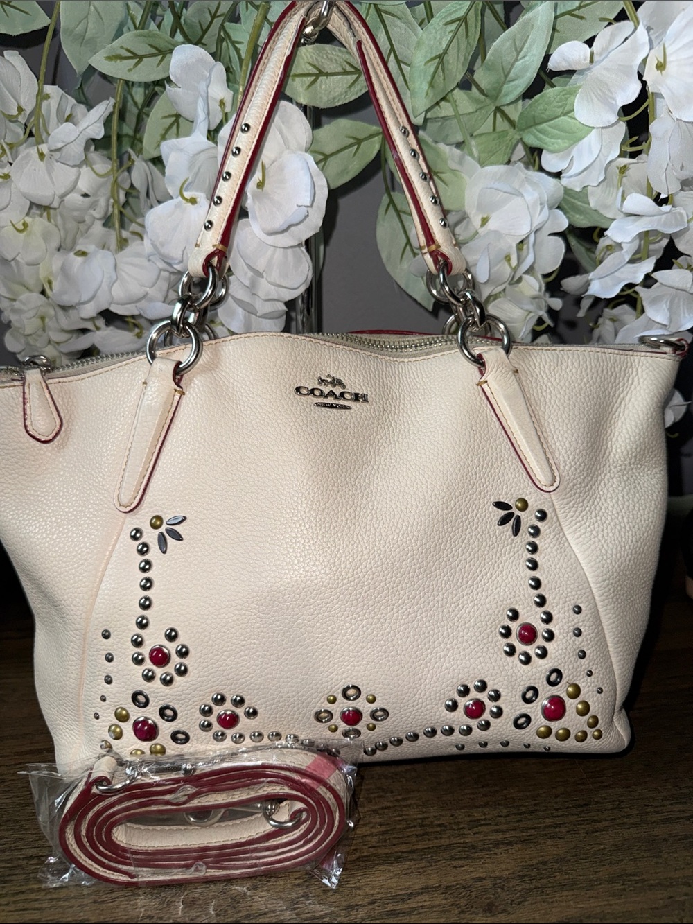 COACH Cream Leather Studded Tote with Red Accents shoulder and cross body